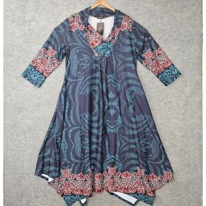 NEW Reborn Dress Women's Blue/Multi 3X Paisley Sharkbite Hem 3/4 Sleeve V-Neck